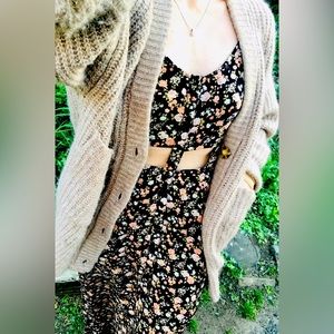 Pins and Needles black, floral, button-up dress with cutout detail.